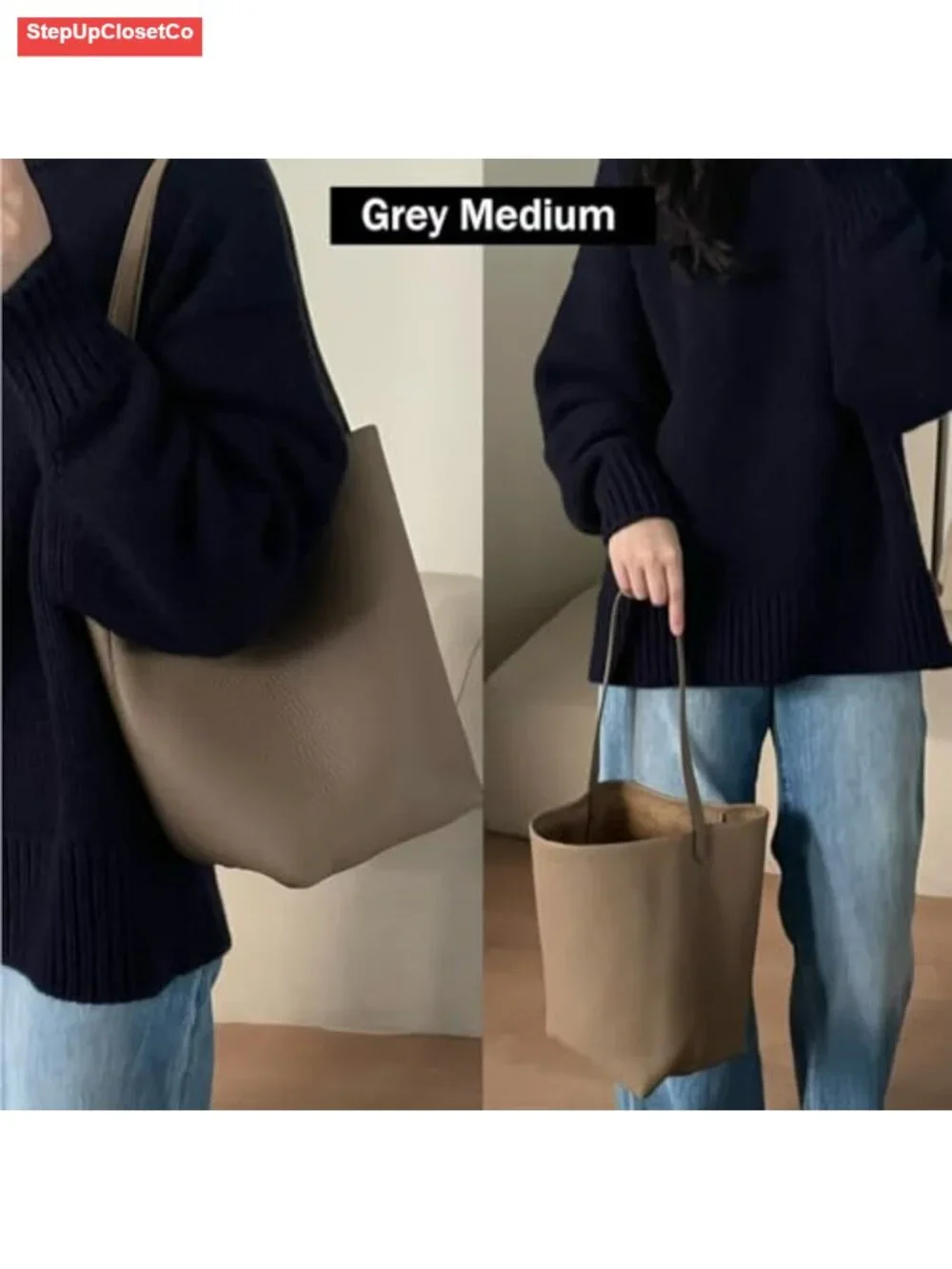 Genuine Leather Bucket Bag with Wallet Full-Grained Calfskin Tote